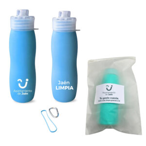 Botella Azul 450 ml con bolsa etiqueta mosqueton y goma